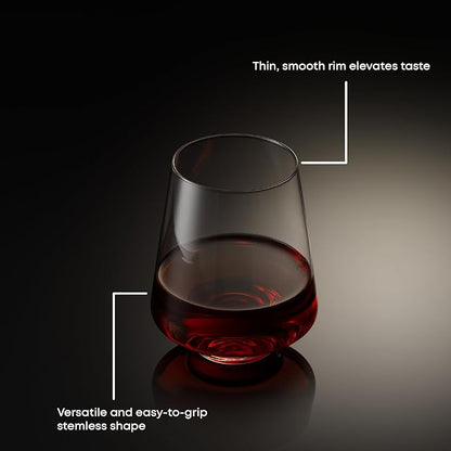 JoyJolt Sidney Stemless Wine Glasses Set of 4 | 19 oz Modern Drinking Glasses | Tapered Bulb Shaped Tumbler Cups for White and Red Wine | Home Bar Glass Set | Premium Crystal Made in Europe