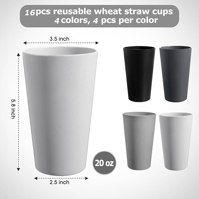 HEYCOME Set of 16 Wheat Straw Cups, Reusable Plastic Cups Sets, Water Glasses - Image 2
