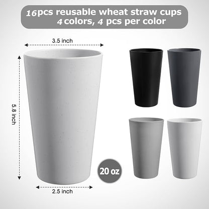 HEYCOME Set of 16 Wheat Straw Cups, Reusable Plastic Cups Sets, Water Glasses - Image 2