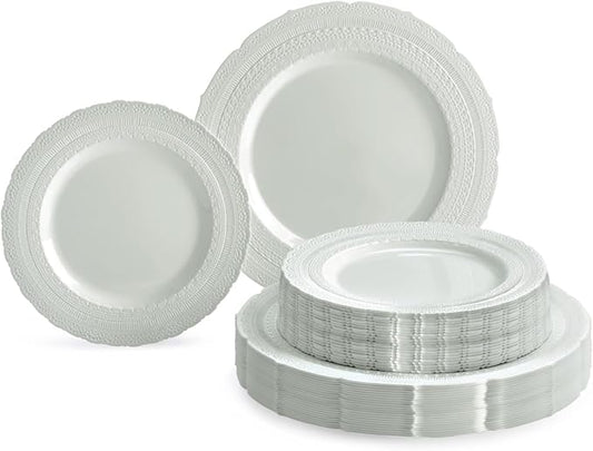 " OCCASIONS " 80 Plates Pack,(40 Guests) Extra Heavyweight Vintage Wedding Disposable/Reusable Plastic Plates 40 x11'' Dinner +40 x 8.25'' Salad/Dessert Plate (Chatesau Light Gray)