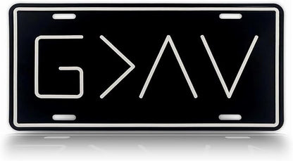 Autobase Black Metal Decorative Front License Plate (6" x 12") | Embossed G>^V - God is Greater Than The Highs and Lows | Vanity Car Tag for The Front of Vehicles