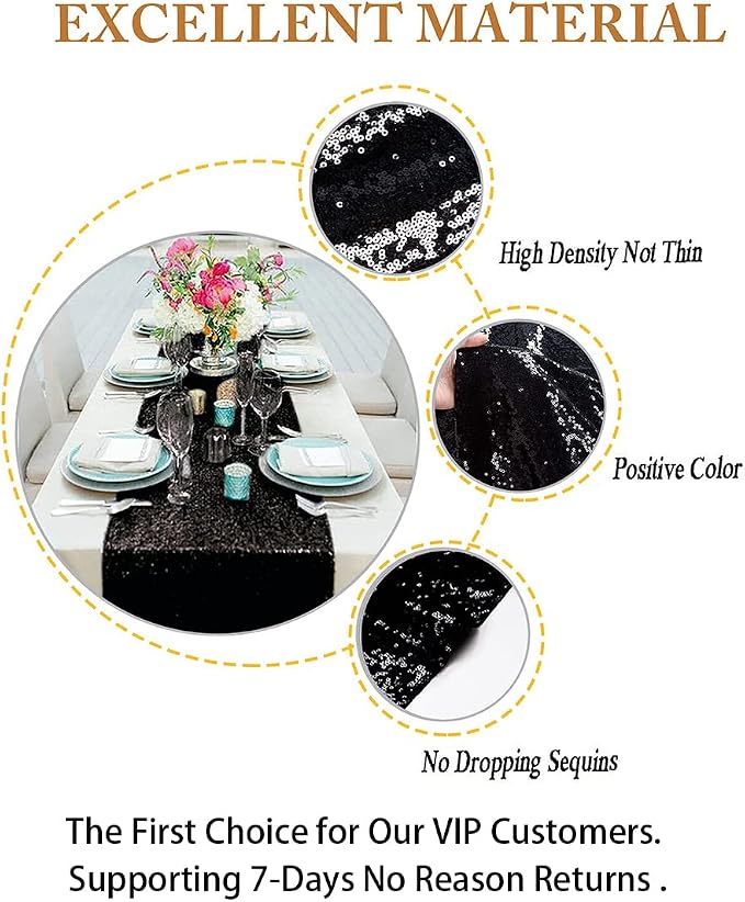 ShinyBeauty Table Runner 48 Inches Long Sequin Black Table Runner Small Sparkle - Image 5