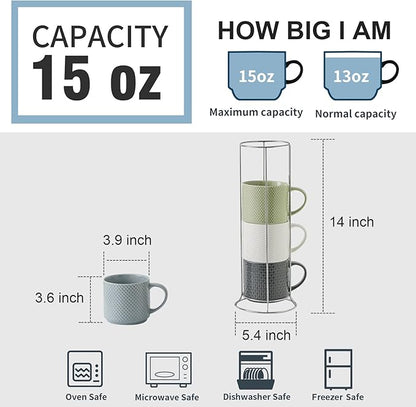 HASENSE Coffee Mugs with Metal Stand,15 oz Ceramic Stackable Mug Set Embossed Latte Cup, Ceramic Coffee Cups with Handle for Cappuccino and Tea, Multi Color