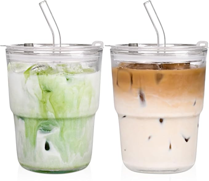 AUFXKOO13oz Glass Tumbler with Straw and Lid，2 Pack Iced Coffee Cups with lids by AUFXKOO