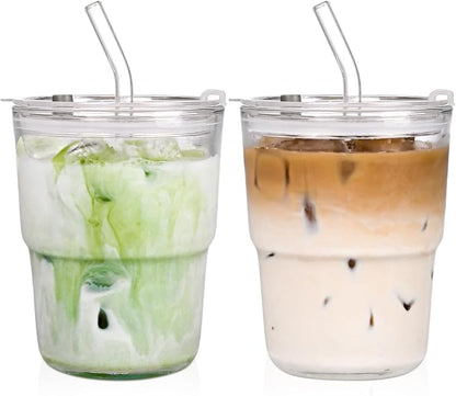 AUFXKOO13oz Glass Tumbler with Straw and Lid，2 Pack Iced Coffee Cups with lids by AUFXKOO