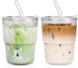 AUFXKOO13oz Glass Tumbler with Straw and Lid，2 Pack Iced Coffee Cups with lids by AUFXKOO