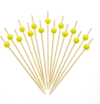 Minisland Yellow Pearl Cocktail Picks, 4.7 Inch Long Bamboo Fancy Toothpicks for Appetizers, Decorative Mardi Gras Carnival Party Food Drink Garnish Fruit Kabob Skewer Sticks 100 Counts - MSL451
