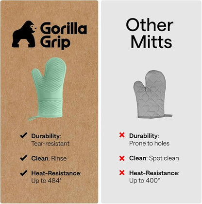 GORILLA GRIP BPA-Free Soft Silicone Oven Mitts, Heat Resistant and Waterproof Cooking Gloves, Thick Cotton Lining, Flexible Gripping for Baking Grilling, Kitchen Potholders Set of 2, 12.5x8.3, Mint