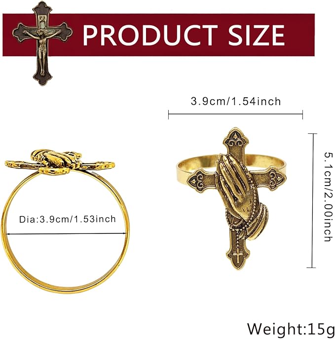 Cross Napkin Rings Set of 12 Antique Gold Praying Hands Napkin Holder - Image 3