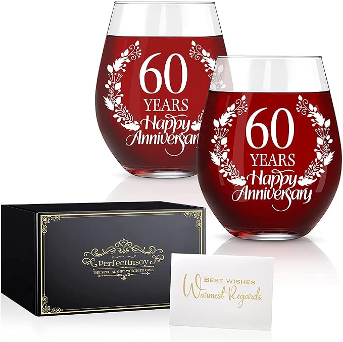Perfectinsoy 60 Years Happy Anniversary Wine Glass Set of 2, 60th Anniversary by Perfectinsoy
