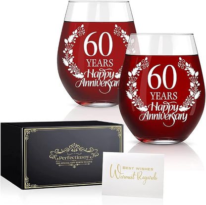 Perfectinsoy 60 Years Happy Anniversary Wine Glass Set of 2, 60th Anniversary by Perfectinsoy