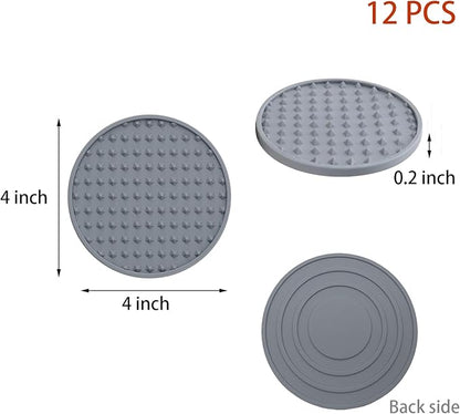 Set of 12 Silicone Coasters, 4'' Drink Coaster with Holder, Round Coasters for Drinks Beer Coffee Home Office Bar Desk Tabletop Protection, Non-Slip Rubber Coaster (Grey, 12 Pcs-Plastic Holder)