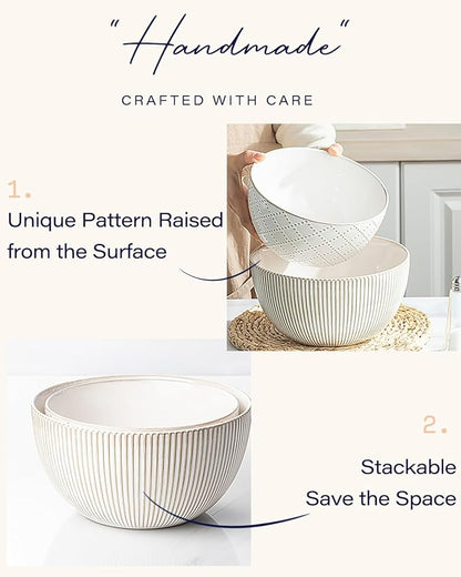 getstar Deep Ceramic Mixing Bowl Set of 2(8.7"/7.5"), 3&1.8 Qt Large Salad Serving Bowls Vintage Nesting Mixing Bowls for Cooking, Baking, Prepping, Microwave and Dishwasher Safe