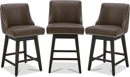 CHITA Counter Height Swivel Bar Stools Set of 3, FSC Certified Upholstered Counter Stools, Modern Swivel Barstools with Wood Legs for Kitchen Island, 26" Seat Height, Faux Leather in Chocolate