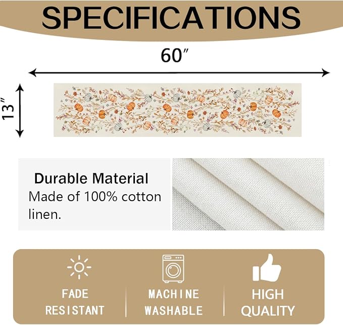 RABUSOFA Fall Table Runner 13x60 Inch Pumpkins Fall Decor - Image 8