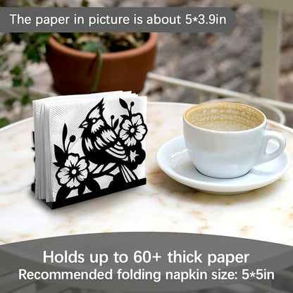 Cardinal Bird Decorative Black Metal Napkin Holder for Table, 4.9" x 4.5" x 1.9" Bird Flower Standing Napkin Holder for Home Kitchen Restaurant Picnic Party Coffee Bar Dining Room
