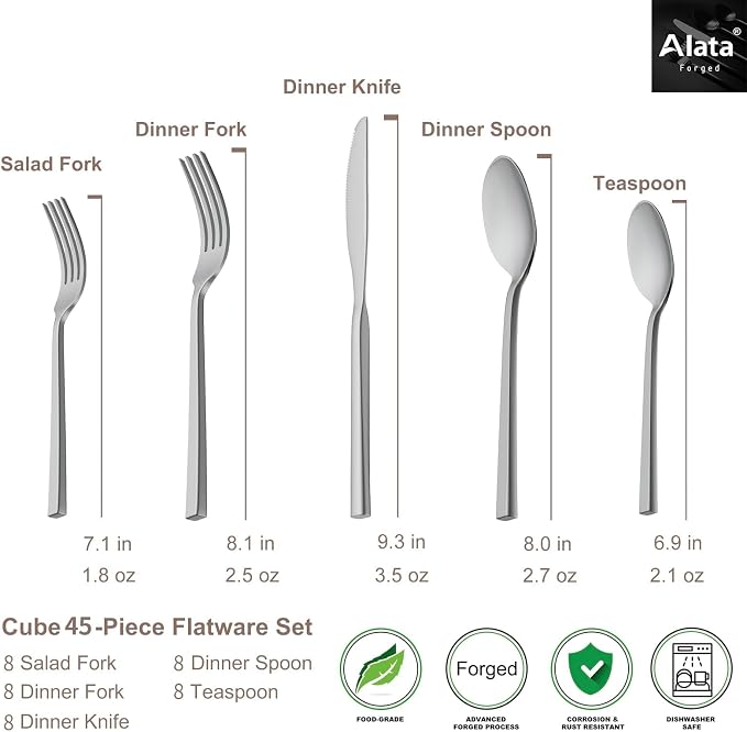 Alata Cube 45-Piece Forged Stainless Steel Flatware Set Cutlery Set, Service - Image 4