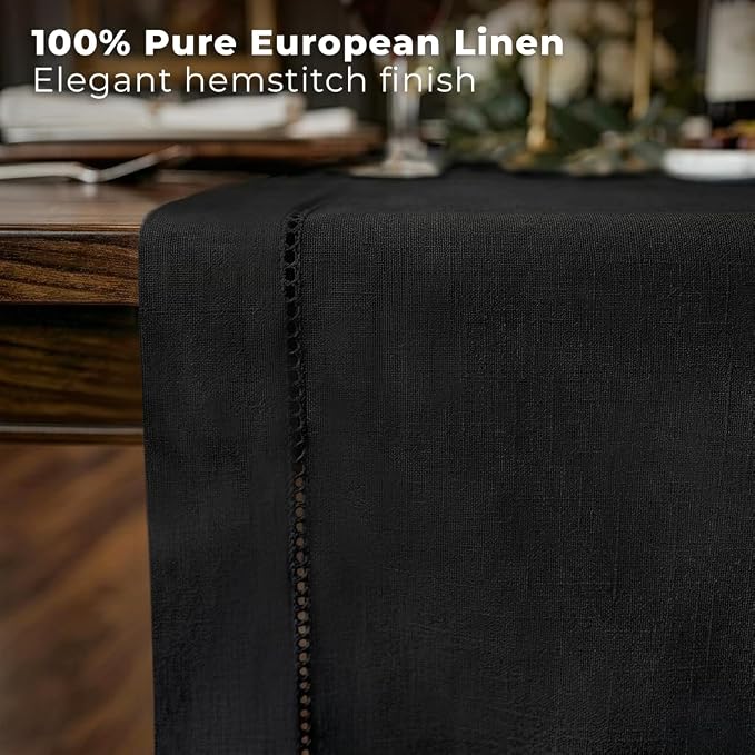 Signature Linen™ by D'Moksha Black Table Runner 120 Inches Long, 100% Pure Linen - Image 2