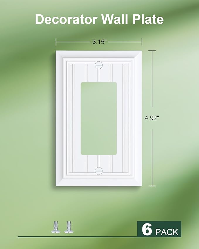 6-Pack Classic Beadboard Decorator Wall Plate Cover, Pure White Decorative Switch Plates and Outlet Covers, Durable Natural Bamboo Fiber Wall Plates for Electrical Outlets, Receptacle, GFCI Outlet