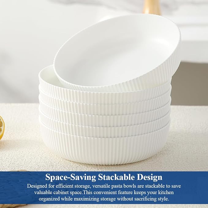 HOMQUEN Pasta Bowls Set of 6, 37oz Salad Bowls White Soup Bowls, Large Pasta - Image 6