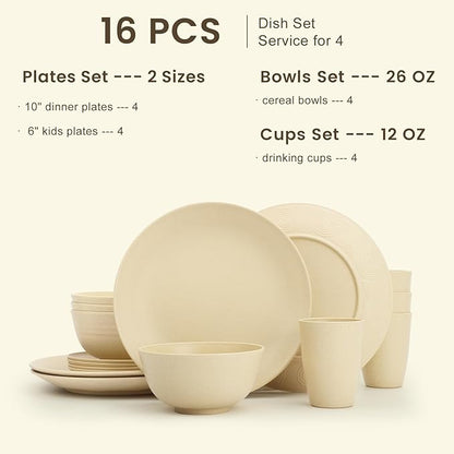 Homienly Premium Wheat Straw Dinnerware Sets, Lightweight & Unbreakable Plates and Bowls Sets,Cups,Service for 4,Dishwasher and Microwave Safe 16 PCS Dish Sets for Home，Camping- Beige