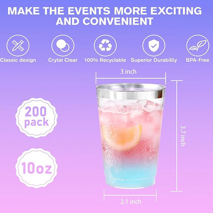 supernal 200pcs 10oz Silver Plastic Cups,Disposable Wine Glasses Cocktail Glasses Premium Cups,Party Cocktails Tumblers,Silver Rimmed Plastic Cup for Party,Wedding, Birthday,Thanksgiving Day