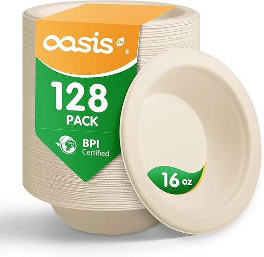 𝟭𝟲 𝗼𝘇, 𝟭𝟮𝟴-𝗣𝗮𝗰𝗸 Compostable Paper Bowls, Heavy-Duty Biodegradable Disposable Bowls Made from Bagasse, Eco-Friendly, Microwave & Freezer Safe (Natural)