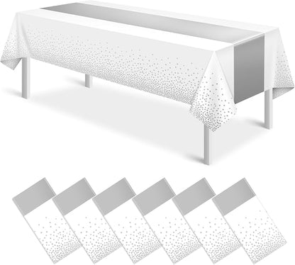 MASHAN 6Pcs White and Silver Polka Dot Plastic Tablecloth, 54x108 Inch by MASHAN