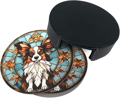 Drink Coaster Set of 6, Papillon Dog Mom Lover Gift,Leather Drink Coasters with Holder,6 Pack Cup/Bar/Drink Coasters for Table/Drinks/Coffee Protection Housewarming Gift