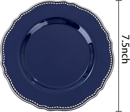 Hioasis 60pcs Blue Plastic Plates - Blue and Silver Disposable Dinnerware with Gold Rim, Heavy-duty, 7.5 inch, Dessert Plates for Party & Christmas