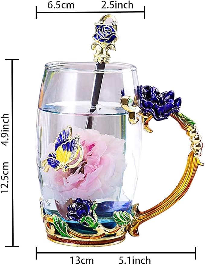 Enamel Glass Tea Cup Blue Rose Coffee Mug, Personalized Gifts - Image 5