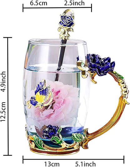 Enamel Glass Tea Cup Blue Rose Coffee Mug, Personalized Gifts - Image 5