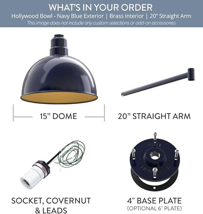 Steel Lighting Co. Hollywood Bowl Light | Outdoor Wall Mounted | 15 inch Bowl Dome | 20" Straight Arm | Barn Light Made in America | Navy Blue Exterior/Brass Interior