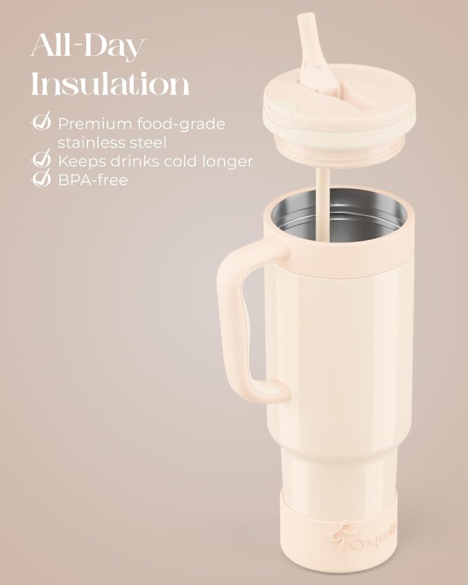 40 oz Insulated Tumbler with Handle and Push-Button Straw Lid, Stainless Steel - Image 4
