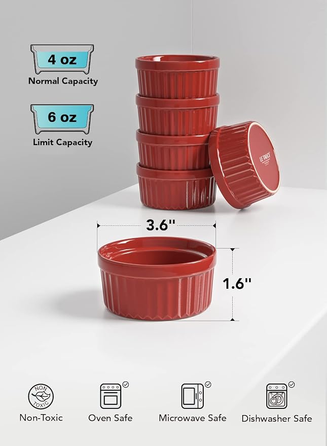 LE TAUCI Ramekins 4 OZ Oven Safe, Creme Brulee Ramekins, Pudding Custard Cups - Image 3