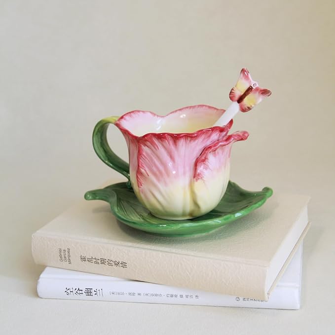 Ceramic Tea Cup and Saucer Set ，6OZ 3D Hand-Painted Flower Coffee Mug，Gift - Image 2