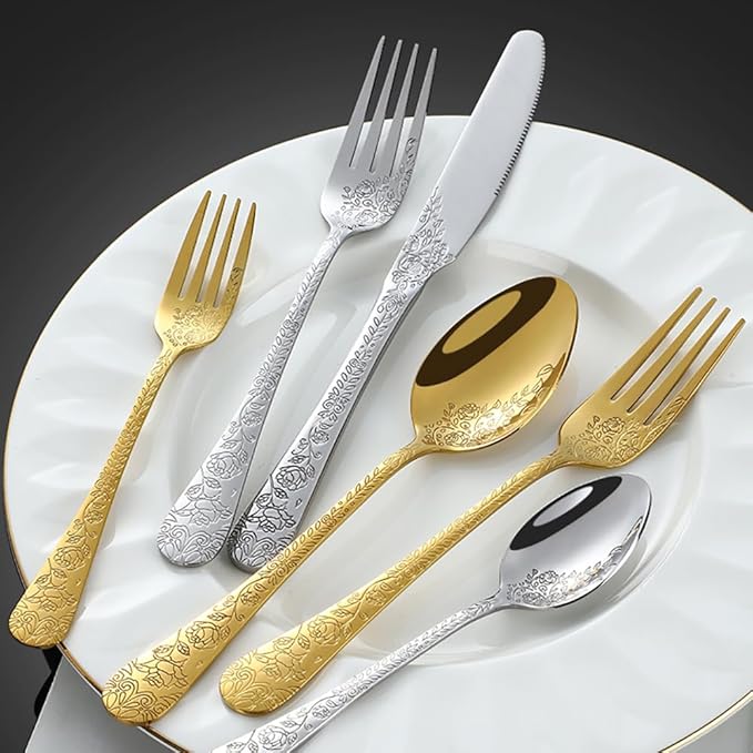 50-piece flowers Gold TWEE Silverware Set for 10, Palace Style Stainless Steel Flatware Cutlery Serving Utensils, Eating Tableware for Home Kitchen Hotel Restaurant, Mirror Polished