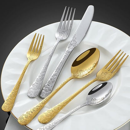 40-piece flowers TWEE Silverware Set for 8, Palace Style Stainless Steel Flatware Cutlery Serving Utensils, Eating Tableware for Home Kitchen Hotel Restaurant, Mirror Polished