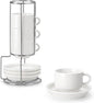 MALACASA 2.5 OZ Porcelain Espresso Cups with Saucers and Metal Stand Set of 4, Stackable Cappuccino Cups, White Expresso Shots Cup Set for Coffee Drinks, Latte, Tea