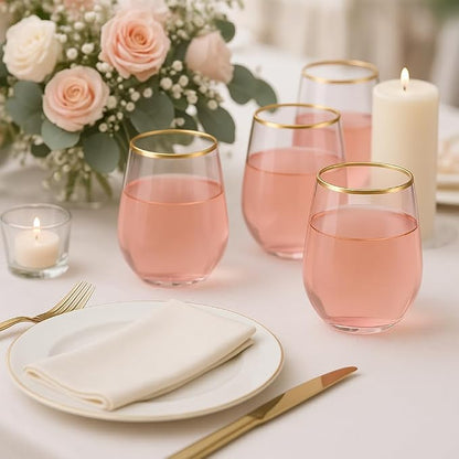 Oojami 40 Pack Diamond Disposable Wine Glasses Stemless 12 oz Pink Gold | - Image 2