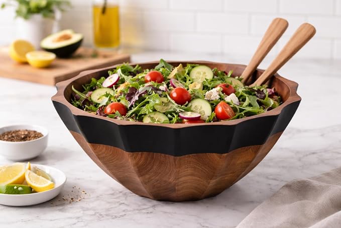 Folkulture Black Wave Salad Bowl | 11” Large Mango Wood Serving Bowl - Image 5