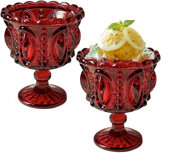 Carnival Glass Vintage Footed Dessert Cups Set of 2, 9oz Embossed Goblet by YUHANOER