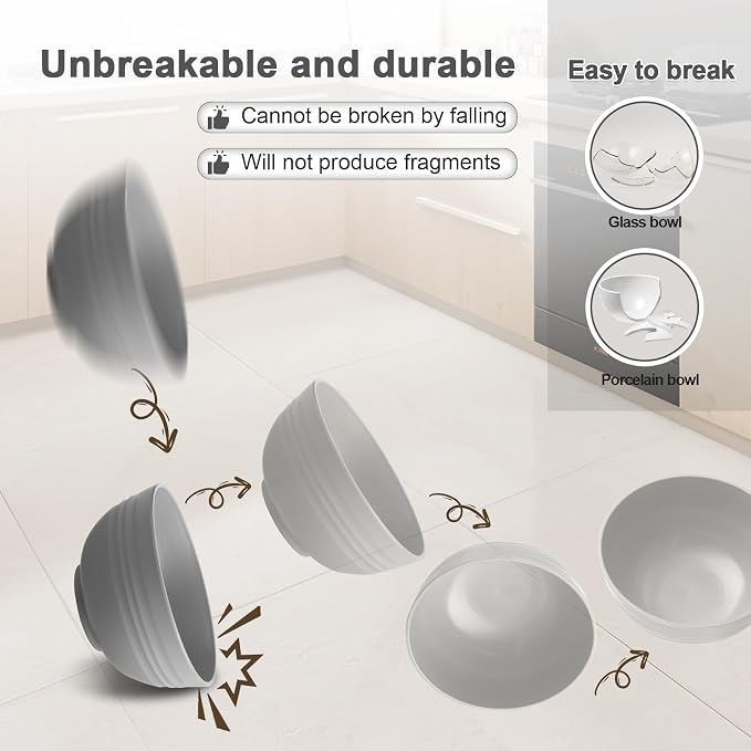 HEYCOME 12 Pcs Unbreakable Rice Bowls Set, 26 Oz Wheat Straw Bowls Set - Image 4