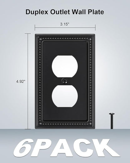 6-Pack Duplex Outlet Cover, Black Metal Wall Plates for Electrical Outlets, 1 Gang Receptacle Light Switch Cover, Pearls Beaded Decorative Switch Plates and Outlet Covers