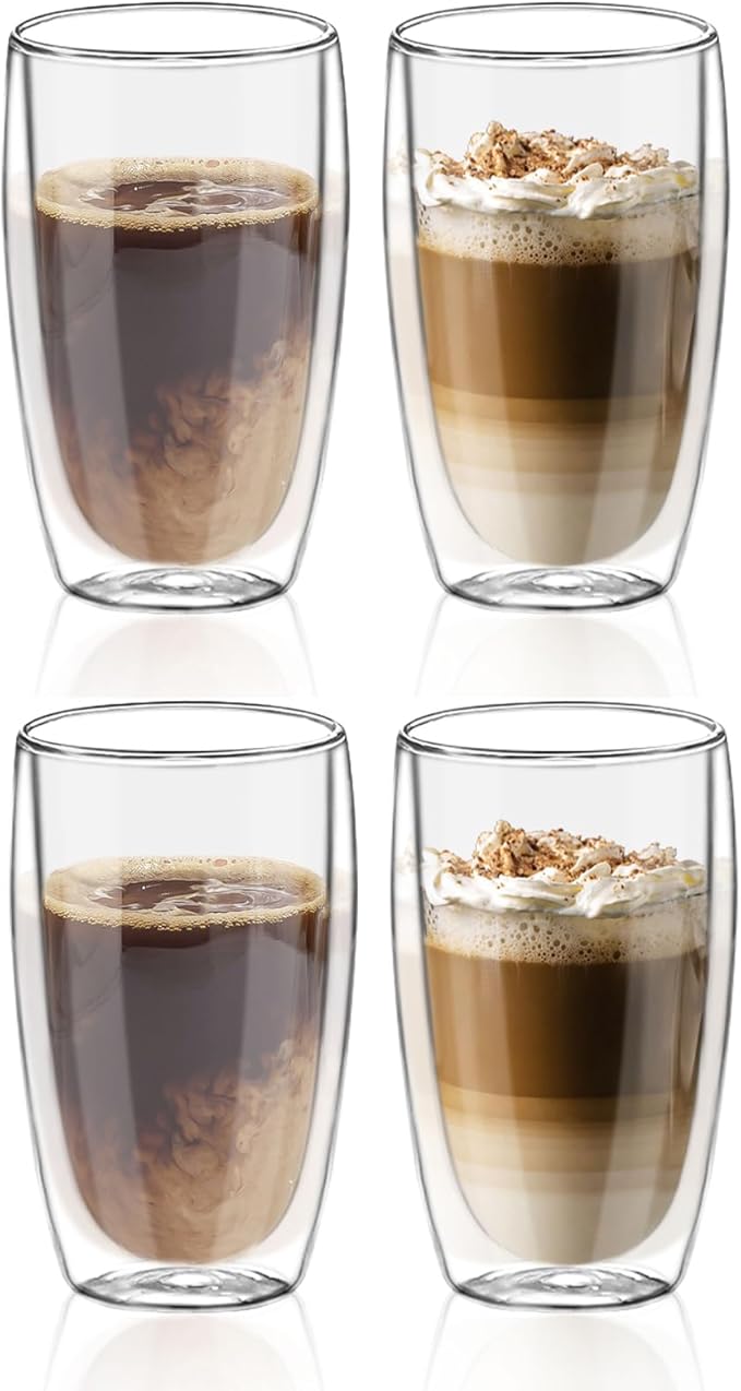 Glass Coffee Cups Set of 4, 15 oz Insulated Double Wall Glass Espresso Cups by LYTDMSKY