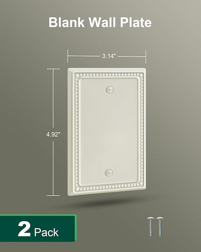 2-Pack Blank Outlet Cover Wall Plate, Metal Switch Plates Outlet Covers, Light Almond Pearls Beaded Decorative Wall Plates for Electrical Outlets