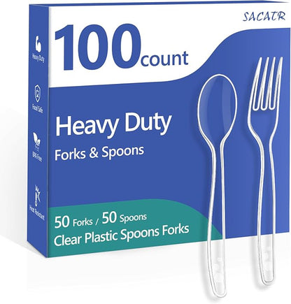 100 Count Plastic Silverware Heavy Duty -50 Forks, 50 Spoons, BPA-Free, Heat Resistant, Disposable Plastic Utensils Set, Plastic Cutlery Set, Plasticware Suitable for Party Everyday Use
