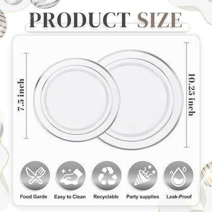 WDF 120PCS Plastic Plates White Silver Rim - Disposable Plates including 60PCS for Dinner 10.25inch, 60 Salad/Dessert Plates 7.5inch Heavy Duty Wedding Party Birthday