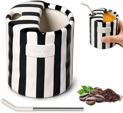 Ceramic Coffee Mug with Sip Hole, 10oz Retro Striped Coffee Cups, Cute Ceramic by Unknown