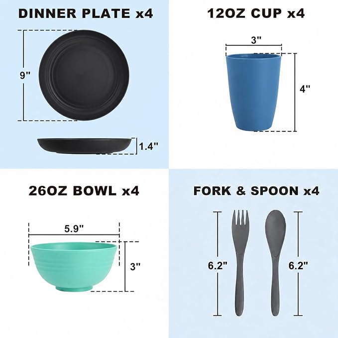 20PCS Plastic Dishes Set for 4, Unbreakable Wheat Straw Plates and Bowl Set | - Image 2